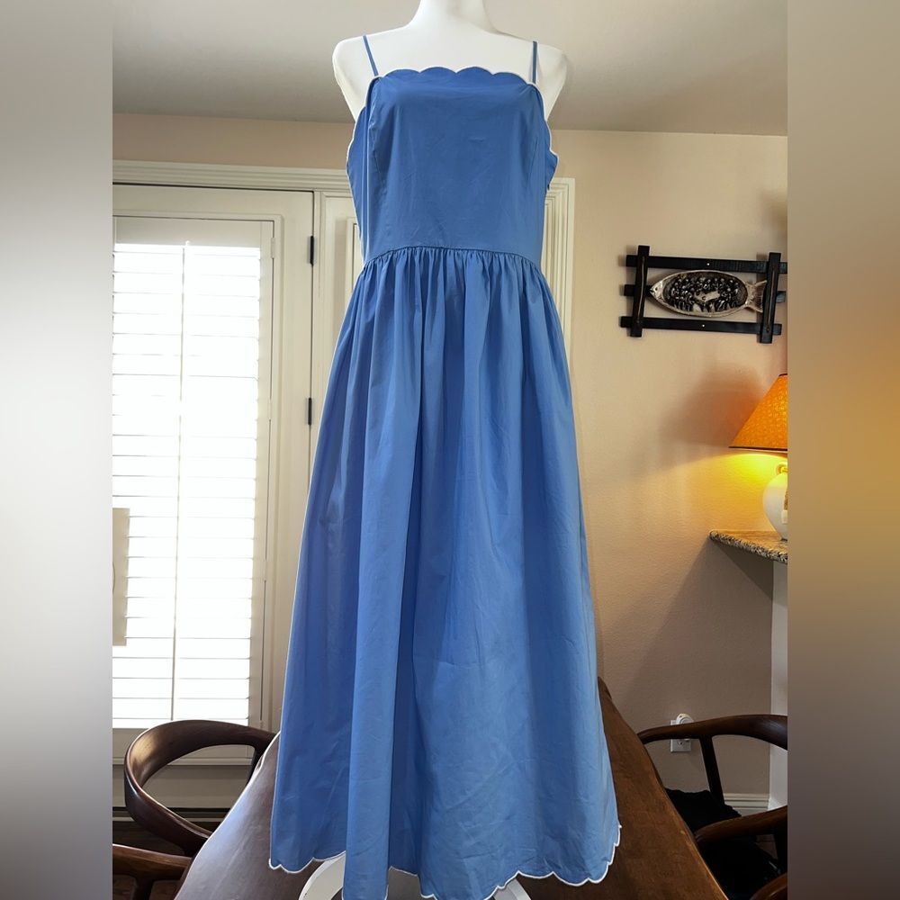 Charles Henry Blue Scallop Trim Poplin Midi Sundress Pockets Fit Flare L NWT - Picture 3 of 14